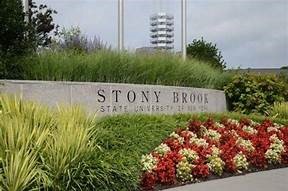 Stony Brook State University of New York campus entrance with flower beds
