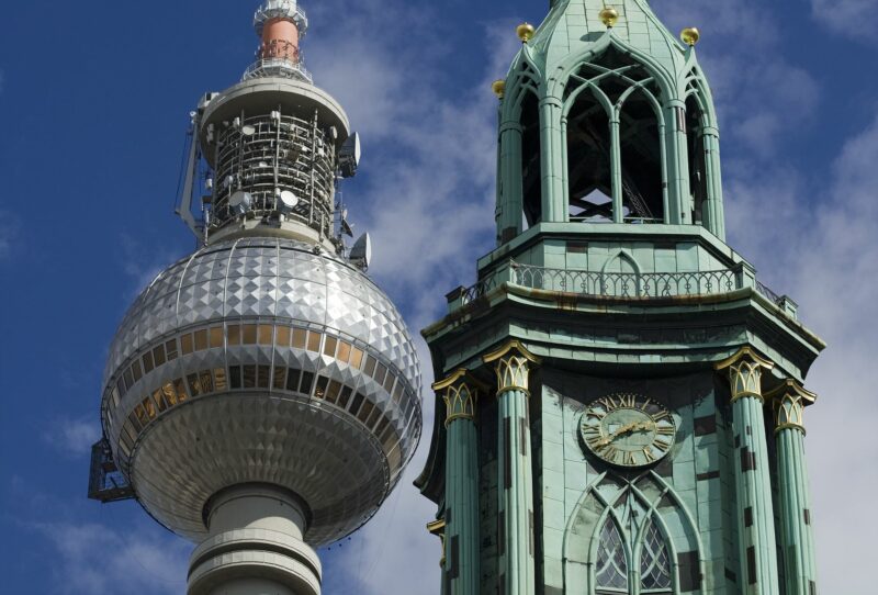 A view of Fernsehturm und Turm der Marienkirche in Berlin - Mitte