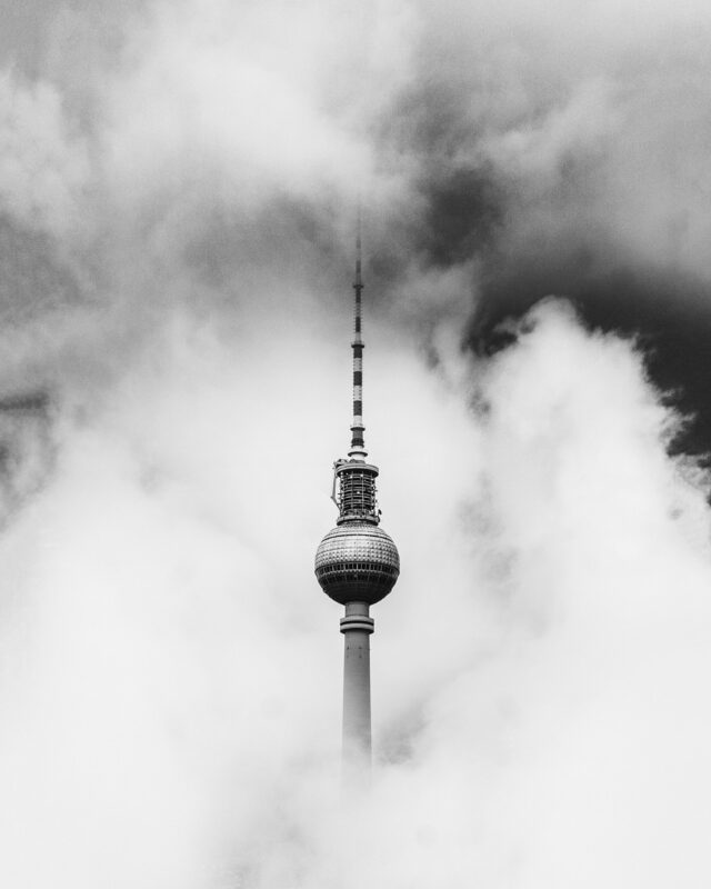 A view of Fernsehturm (TV tower) in fog